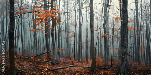 Bosque con niebla en otoño y varios arboles grandes 