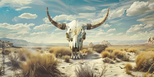 Craneo de un toro grande en medio del desierto