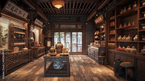Create an immersive 3D visualization of a traditional Chinese product showcase, complete with cultural influences