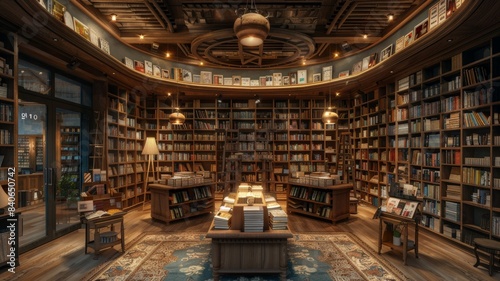 Cozy, well-lit library with wooden shelves filled with books, offering a peaceful reading environment. Warm, inviting atmosphere for book lovers.