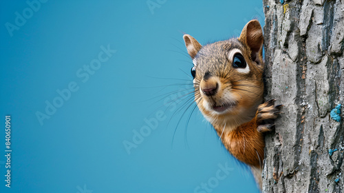 urprised squirrel sciurus cautiously peeks