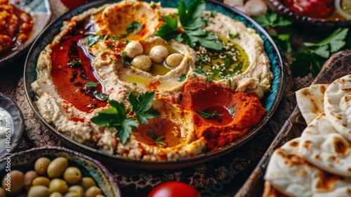 A platter of Middle Eastern mezze including creamy hummus, smoky baba ganoush, and fluffy pita bread, reflecting the global popularity of Middle Eastern flavors and appetizers