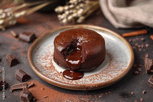 A chocolate lava cake with flowing chocolate in the middle