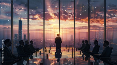 A CEO standing at the head of a conference table, leading a meeting with a team of executives, with a cityscape visible through the window behind them.