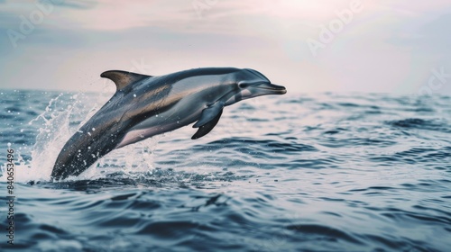 A playful dolphin jumping out of the water with a joyful expression, creating a splash as it returns to the ocean surface