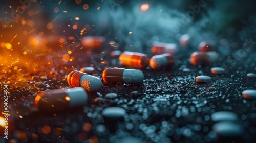 An open bottle spilling tablets and capsules on the floor, bokeh background, dark tones.