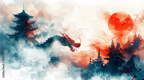 Enchanting Watercolor Banner of Chinese Traditional Motifs with Dragons and Pagodas in Soft Colors and Intricate Details
