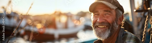 Smiling fisherman, dockside, boats in background, sunny