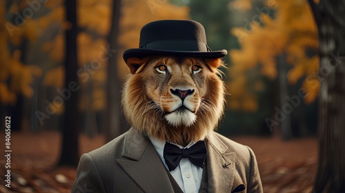 Dapper lion gentleman wearing vintage glasses and bowler hat on Autumn forest outdoor background with copy space.