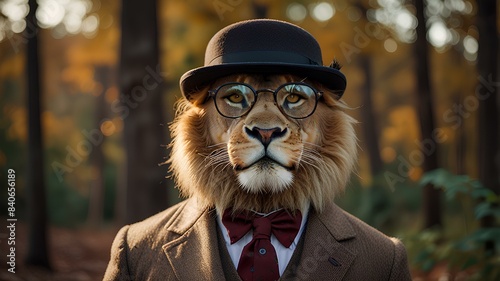 Dapper lion gentleman wearing vintage glasses and bowler hat on Autumn forest outdoor background with copy space.