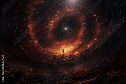 Black hole in human abdomen, swirling cosmic light, close-up, surreal and enigmatic sci-fi environment.