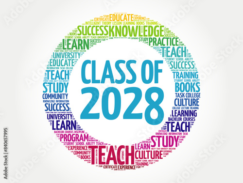 Class of 2028 - the group of students who graduated from high school or college in the year 2028, word cloud concept background