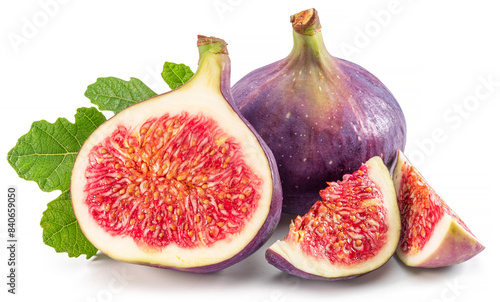 Fig fruits with fig leaves and slices of fig isolated on white background.