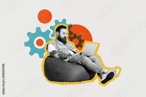 Composite photo collage of serious businessman type macbook device sit beanbag gearwheel settings it isolated on painted background