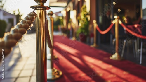 A luxurious red carpet with a gold pole and rope, ideal for formal events or movie premieres
