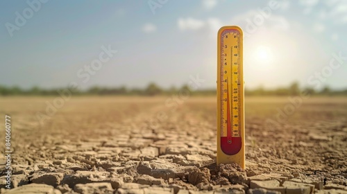 A thermometer showing an extremely high temperature against a background of a dry, barren field, emphasizing rising global temperatures