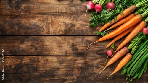 A flat lay of an assortment of fresh, organic vegetables including carrots, radishes, and green beans