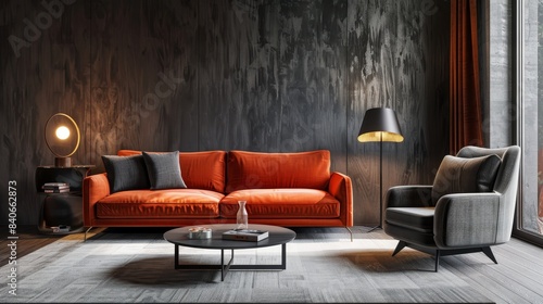 Modern living room with a textured dark wall, an orange sofa with grey cushions, a grey armchair, a round black coffee table, and two floor lamps with one turned on