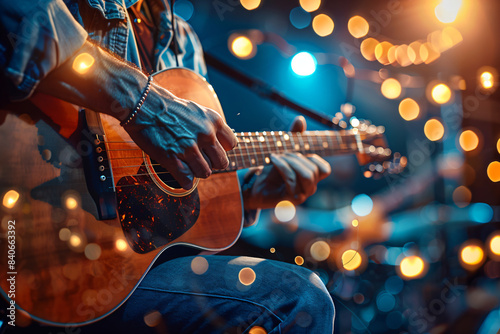 Guitarist performing on stage with vibrant bokeh lights. Live music concert photography. Design for poster, banner, print, and advertisement