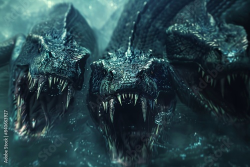 Terrifying three-headed dragon emerging from the misty waters, showcasing its ferocious teeth and menacing eyes.
