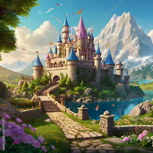 Fairy Tale Kingdom: "Create an anime scene set in a fairy tale kingdom, with castles, enchanted forests, and characters like princes, princesses, and magical creatures."
