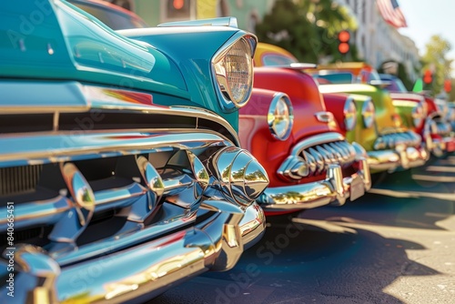 Close-up of vintage classic cars lined up at a car show on a sunny day with vibrant colors and chrome accents.