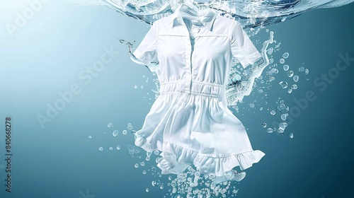 cleaning clothes washing machine or detergent liquid commercial advertisement style with floating shirt and dress underwater with bubbles and wet splashes laundry work as banner design with copy space