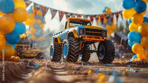 A monster truck is driving through a yellow and blue archway