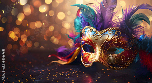 Elaborate gold Venetian carnival mask for a masquerade party disguise during the festive Mardi Gras celebration in Venice, Italy,copy space for text.