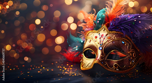 Carnival mask with feathers and sequins on bokeh background, copy space for text, carnival party concept. 