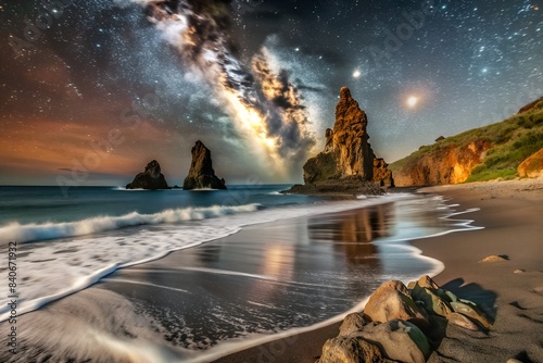 A breathtaking nighttime landscape of a black sand beach with jagged rock formations in the distance. The Milky Way galaxy stretches across the sky in a dazzling display of stars. 