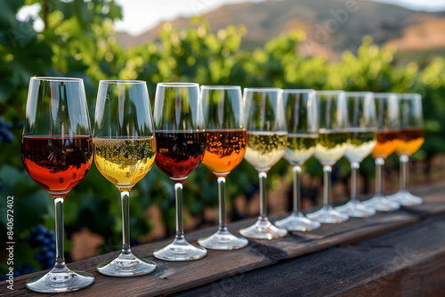 Wine tasting: Red and white wine glasses on a table, set against a vineyard backdrop.