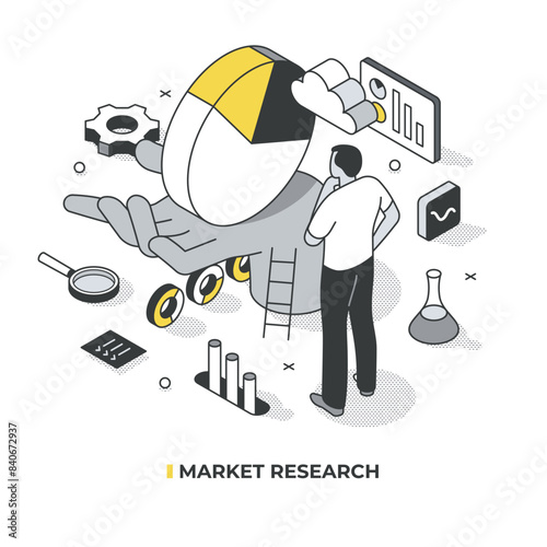 Market research concept. Man analyzing a pie chart; representing market shares. Gathering; analyzing; and interpreting data to inform marketing decisions. Marketing strategy Isometric illustration