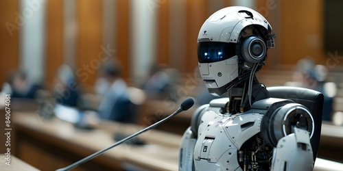 AI robot testifies in court to address copyright disputes. Concept Artificial Intelligence, Copyright Disputes, Legal Technology, Testifying in Court