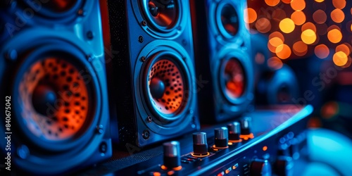 A close up of audio speakers with red and blue lighting