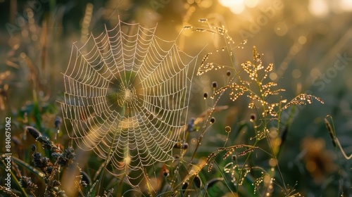 The silky smoothness of a spiders web shimmering in the early morning light