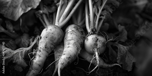 A group of radishes sit on the ground, varying in size and shape