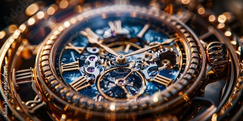 A close-up image of a luxury wristwatch with a gold case and blue face