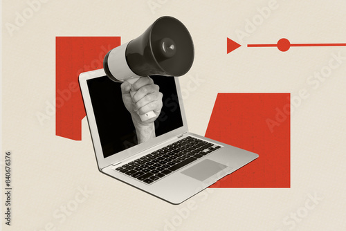 Photo collage artwork composite sketch image of silhouette huge laptop hand hold loudspeaker appear display talk loud voice proclaim
