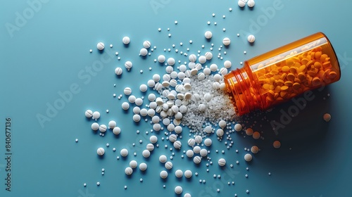 Healthcare Concept: Close-Up of White Pills in Orange Bottle on Blue Background
