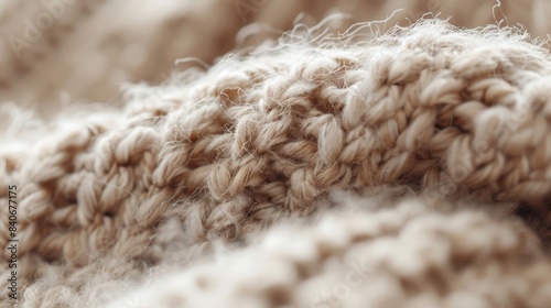 A macro shot of a soft fuzzy texture of a knitted wool scarf with individual stitches creating a hazy pattern that begs to be touched