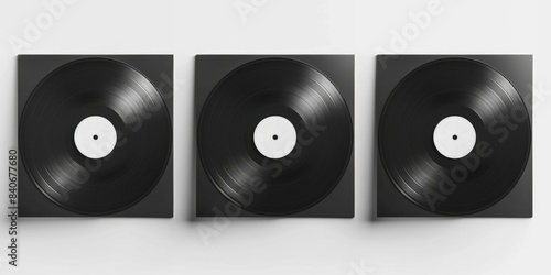 Three black vinyl records hung on a wall
