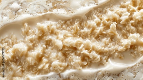 Detailed view of lumpy oatmeal with a thick layer of cream on top highlighting the contrast between the smooth and bumpy textures