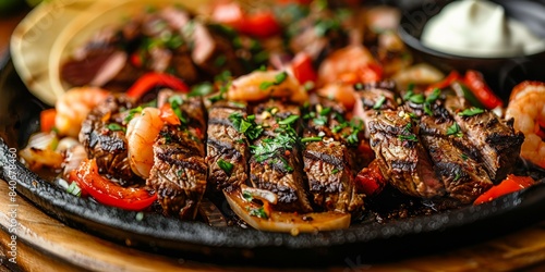 A close-up of grilled steak fajitas with shrimp, peppers, and onions served on a sizzling skillet