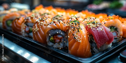 Close-up view of a platter of colorful sushi rolls with salmon and tuna
