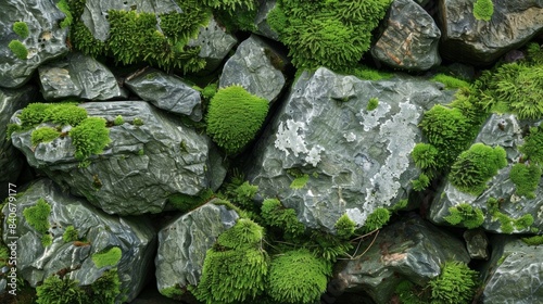 A shot of mosscovered rocks the spongy texture of the moss providing a soft contrast to the rough surface of the stone