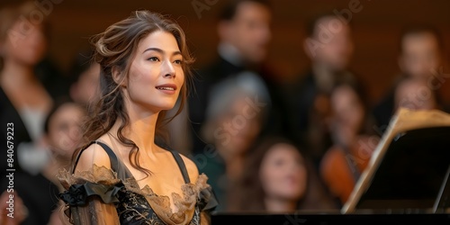 Soprano opera singer in elegant attire performing on stage engaging with audience. Concept Opera Performance, Elegant Attire, Soprano Singer, Stage Performance, Engaging with Audience