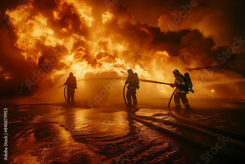 Firefighters battle a massive blaze with powerful hoses, amidst a dramatic explosion of flames