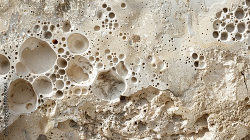 An intricate mix of tiny bubbles and fine pores on the surface of a spongy textured porous concrete wall
