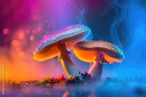 A pair of mushrooms growing on a lush green field